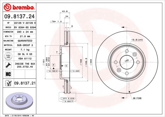 DISC FRANA BREMBO 09.8137.21 - Compatibil cu DACIA, RENAULT