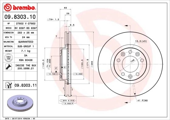 DISC FRANA BREMBO 09.8303.11 - Compatibil cu CITROEN, PEUGEOT, PEUGEOT (DF-PSA)