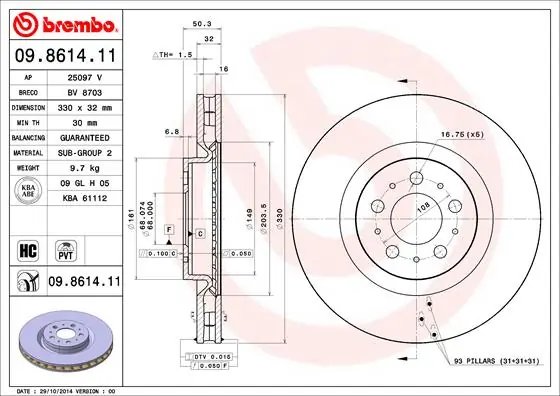 DISC FRANA BREMBO 09.8614.11 - Compatibil cu VOLVO