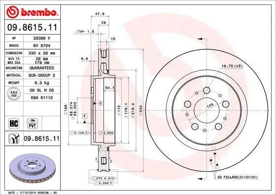 DISC FRANA BREMBO 09.8615.11 - Compatibil cu VOLVO