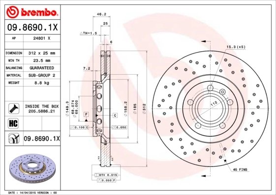 DISC FRANA BREMBO 09.8690.1X - Compatibil cu AUDI, AUDI (FAW), SEAT, SKODA, VW, VW (SVW), ZHONGHUA (BRILLIANCE)