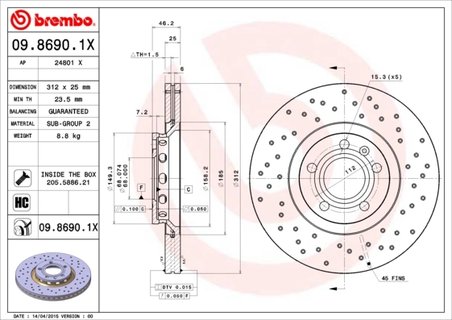 DISC FRANA BREMBO 09.8690.1X - Compatibil cu AUDI, AUDI (FAW), SEAT, SKODA, VW, VW (SVW), ZHONGHUA (BRILLIANCE)