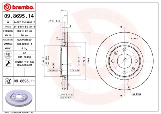 DISC FRANA BREMBO 09.8695.11 - Compatibil cu CITROEN, CITROEN (DF-PSA), DS, FENGSHEN, OPEL, PEUGEOT, PEUGEOT (DF-PSA), VAUXHALL