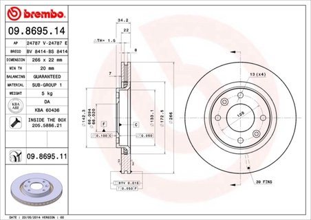 DISC FRANA BREMBO 09.8695.11 - Compatibil cu CITROEN, CITROEN (DF-PSA), DS, FENGSHEN, OPEL, PEUGEOT, PEUGEOT (DF-PSA), VAUXHALL