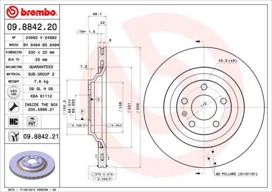 DISC FRANA BREMBO 09.8842.21 - Compatibil cu AUDI, AUDI (FAW)