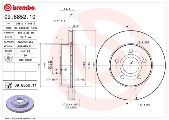 DISC FRANA BREMBO 09.8852.11 - Compatibil cu JEEP, JEEP (BJC)
