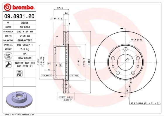 DISC FRANA BREMBO 09.8931.21 - Compatibil cu CITROEN, FIAT, PEUGEOT