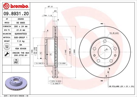 DISC FRANA BREMBO 09.8931.21 - Compatibil cu CITROEN, FIAT, PEUGEOT