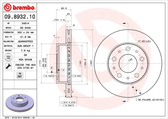 DISC FRANA BREMBO 09.8932.10 - Compatibil cu CITROEN, FIAT, PEUGEOT