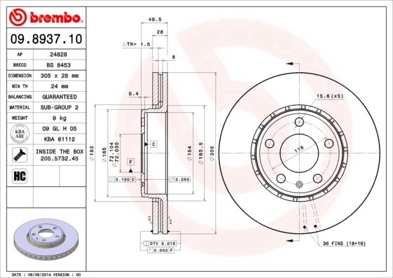 DISC FRANA BREMBO 09.8937.11 - Compatibil cu NISSAN, OPEL, RENAULT, VAUXHALL