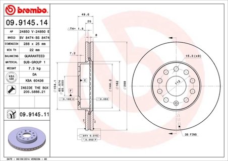 DISC FRANA BREMBO 09.9145.11 - Compatibil cu AUDI, AUDI (FAW), CUPRA, SEAT, SKODA, SKODA (SVW), VW, VW (FAW), VW (SVW)