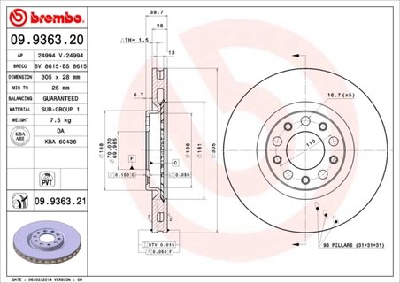 DISC FRANA BREMBO 09.9363.21 - Compatibil cu ALFA ROMEO, CHRYSLER, FIAT (GAC), JEEP