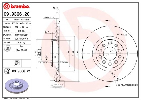 DISC FRANA BREMBO 09.9366.21 - Compatibil cu ALFA ROMEO