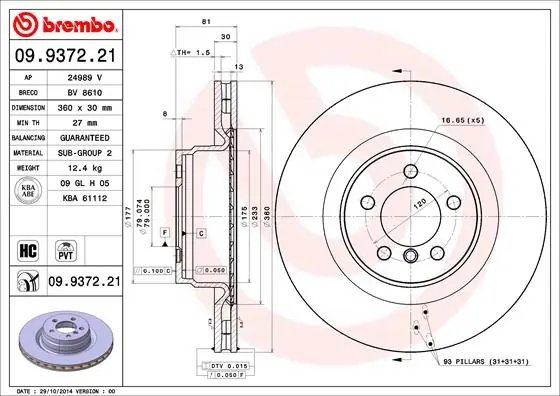 DISC FRANA BREMBO 09.9372.21 - Compatibil cu LAND ROVER
