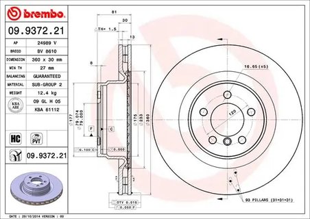DISC FRANA BREMBO 09.9372.21 - Compatibil cu LAND ROVER