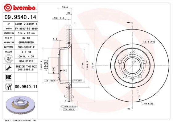 DISC FRANA BREMBO 09.9540.11 - Compatibil cu AUDI, AUDI (FAW)