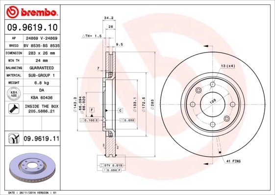 DISC FRANA BREMBO 09.9619.11 - Compatibil cu CITROEN, CITROEN (DF-PSA), DS, OPEL, PEUGEOT, PEUGEOT (DF-PSA), TOYOTA, VAUXHALL