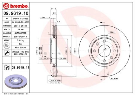 DISC FRANA BREMBO 09.9619.11 - Compatibil cu CITROEN, CITROEN (DF-PSA), DS, OPEL, PEUGEOT, PEUGEOT (DF-PSA), TOYOTA, VAUXHALL