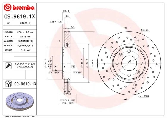 DISC FRANA BREMBO 09.9619.1X - Compatibil cu CITROEN, DS, OPEL, PEUGEOT, PEUGEOT (DF-PSA), TOYOTA, VAUXHALL