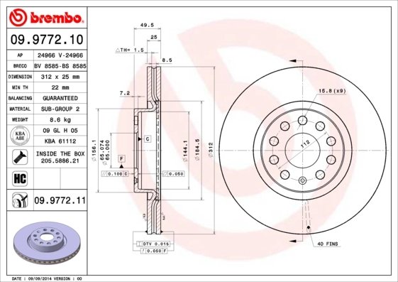 DISC FRANA BREMBO 09.9772.11 - Compatibil cu AUDI, AUDI (FAW), CUPRA, SEAT, SKODA, SKODA (SVW), VW, VW (FAW), VW (SVW)