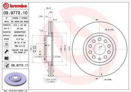 DISC FRANA BREMBO 09.9772.11 - Compatibil cu AUDI, AUDI (FAW), CUPRA, SEAT, SKODA, SKODA (SVW), VW, VW (FAW), VW (SVW)