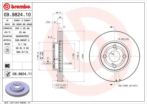 DISC FRANA BREMBO 09.9824.11 - Compatibil cu TOYOTA