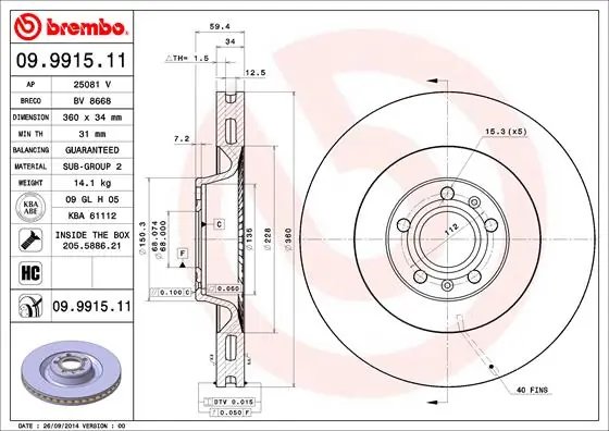 DISC FRANA BREMBO 09.9915.11 - Compatibil cu AUDI, VW