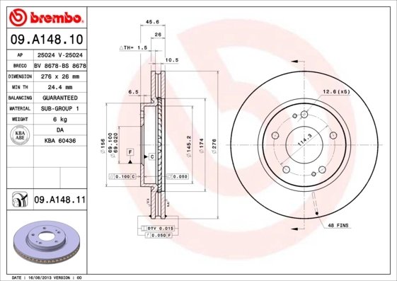 DISC FRANA BREMBO 09.A148.11 - Compatibil cu MITSUBISHI, MITSUBISHI (SOUEAST)