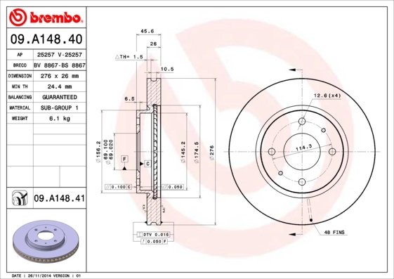 DISC FRANA BREMBO 09.A148.41 - Compatibil cu MITSUBISHI