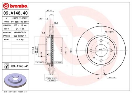 DISC FRANA BREMBO 09.A148.41 - Compatibil cu MITSUBISHI