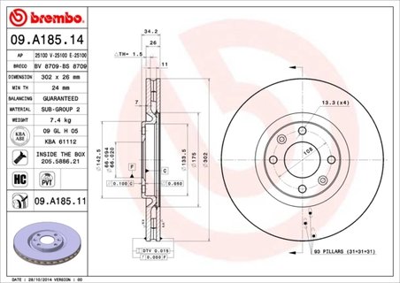 DISC FRANA BREMBO 09.A185.11 - Compatibil cu CITROEN, CITROEN (DF-PSA), DS, DS (CAPSA), OPEL, PEUGEOT, PEUGEOT (DF-PSA), VAUXHAL