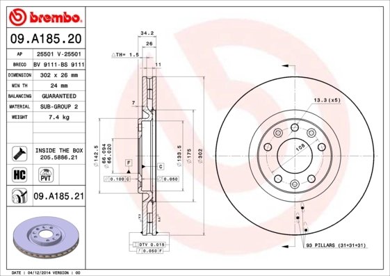 DISC FRANA BREMBO 09.A185.21 - Compatibil cu PEUGEOT