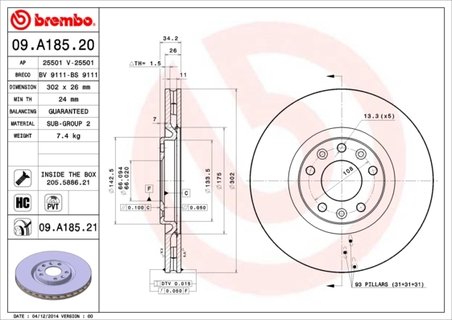 DISC FRANA BREMBO 09.A185.21 - Compatibil cu PEUGEOT