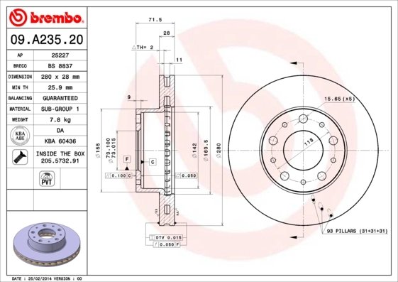 DISC FRANA BREMBO 09.A235.20 - Compatibil cu CITROEN, FIAT, MAZDA, PEUGEOT