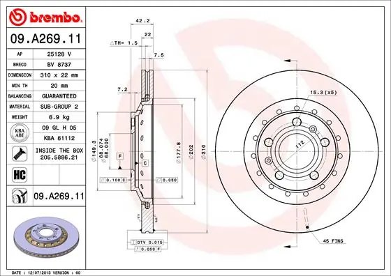 DISC FRANA BREMBO 09.A269.11 - Compatibil cu AUDI, VW