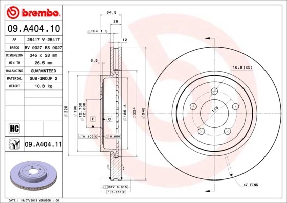 DISC FRANA BREMBO 09.A404.11 - Compatibil cu CHRYSLER, CHRYSLER (BBDC), DODGE, LANCIA