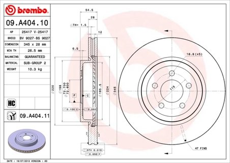 DISC FRANA BREMBO 09.A404.11 - Compatibil cu CHRYSLER, CHRYSLER (BBDC), DODGE, LANCIA