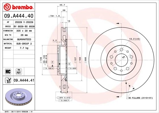 DISC FRANA BREMBO 09.A444.41 - Compatibil cu FIAT, OPEL, VAUXHALL