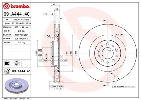 DISC FRANA BREMBO 09.A444.41 - Compatibil cu FIAT, OPEL, VAUXHALL