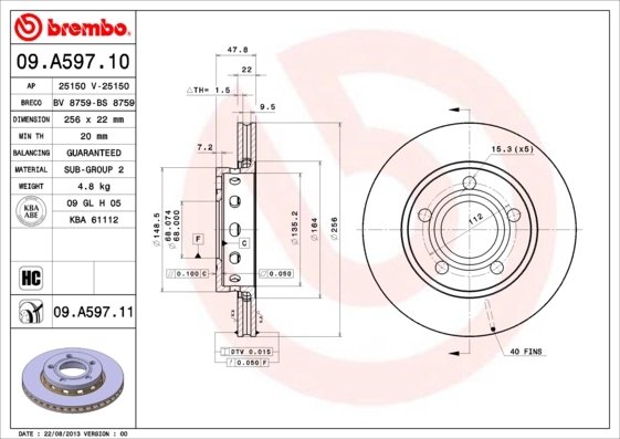 DISC FRANA BREMBO 09.A597.11 - Compatibil cu AUDI, VW