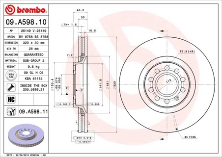 DISC FRANA BREMBO 09.A598.11 - Compatibil cu AUDI, AUDI (FAW), SEAT