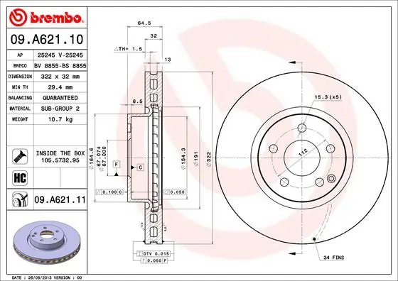 DISC FRANA BREMBO 09.A621.11 - Compatibil cu MERCEDES-BENZ, MERCEDES-BENZ (BBDC)