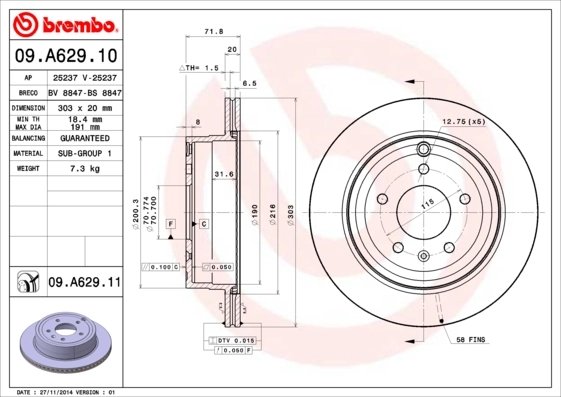 DISC FRANA BREMBO 09.A629.11 - Compatibil cu CHEVROLET, CHEVROLET (SGM), OPEL, VAUXHALL