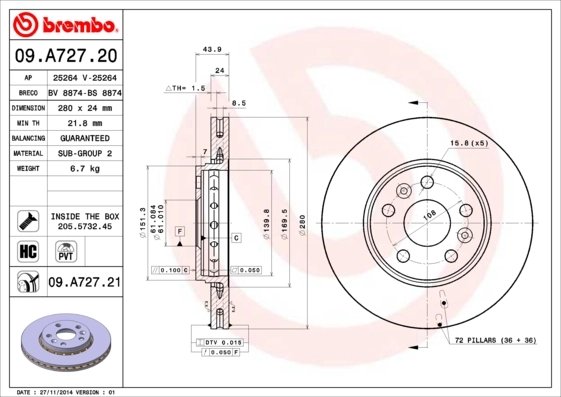 DISC FRANA BREMBO 09.A727.21 - Compatibil cu MERCEDES-BENZ, RENAULT