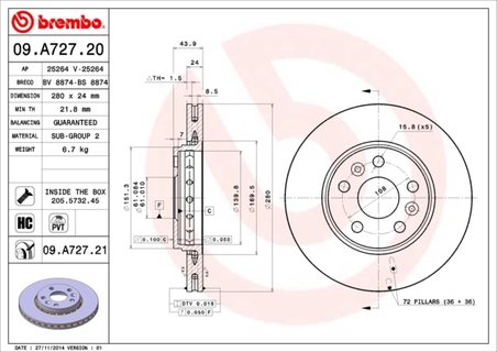 DISC FRANA BREMBO 09.A727.21 - Compatibil cu MERCEDES-BENZ, RENAULT