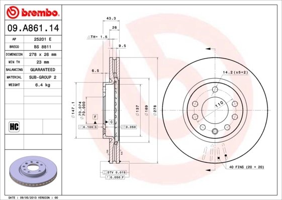DISC FRANA BREMBO 09.A861.14 - Compatibil cu OPEL, VAUXHALL