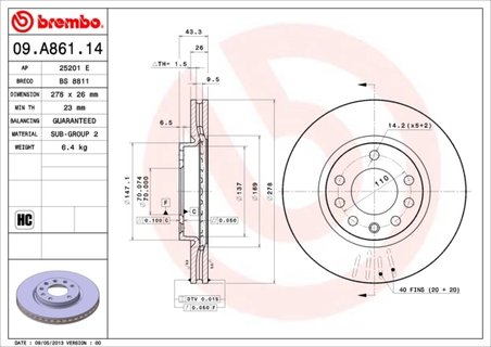 DISC FRANA BREMBO 09.A861.14 - Compatibil cu OPEL, VAUXHALL
