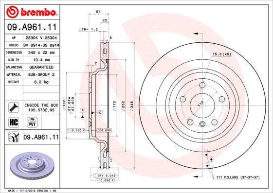 DISC FRANA BREMBO 09.A961.11 - Compatibil cu BRABUS, MERCEDES-BENZ