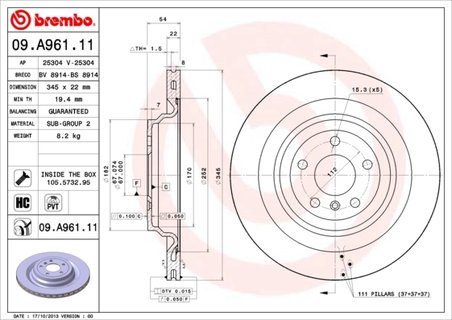 DISC FRANA BREMBO 09.A961.11 - Compatibil cu BRABUS, MERCEDES-BENZ