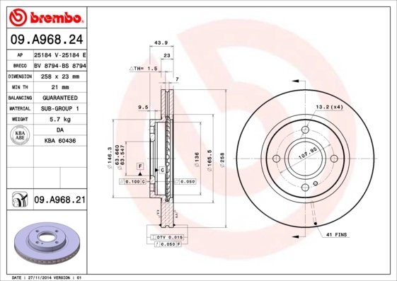 DISC FRANA BREMBO 09.A968.21 - Compatibil cu FORD, FORD AUSTRALIA
